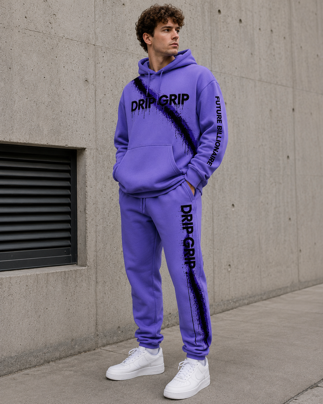 Male model wearing the Drip Grip Future Billionaire tracksuit